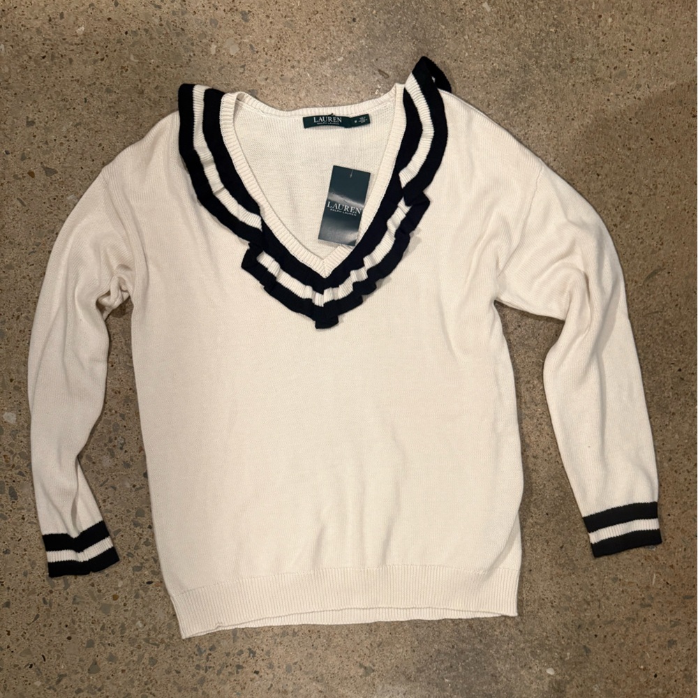 Lauren Ralph Lauren Knit Sweater Cream Navy Cotton Size M Preppy Coastal NWT - Picture 2 of 9